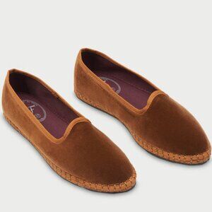 NEW Flabelus Velvet Slipper - Elinor Brown with Brown Piping Size 8